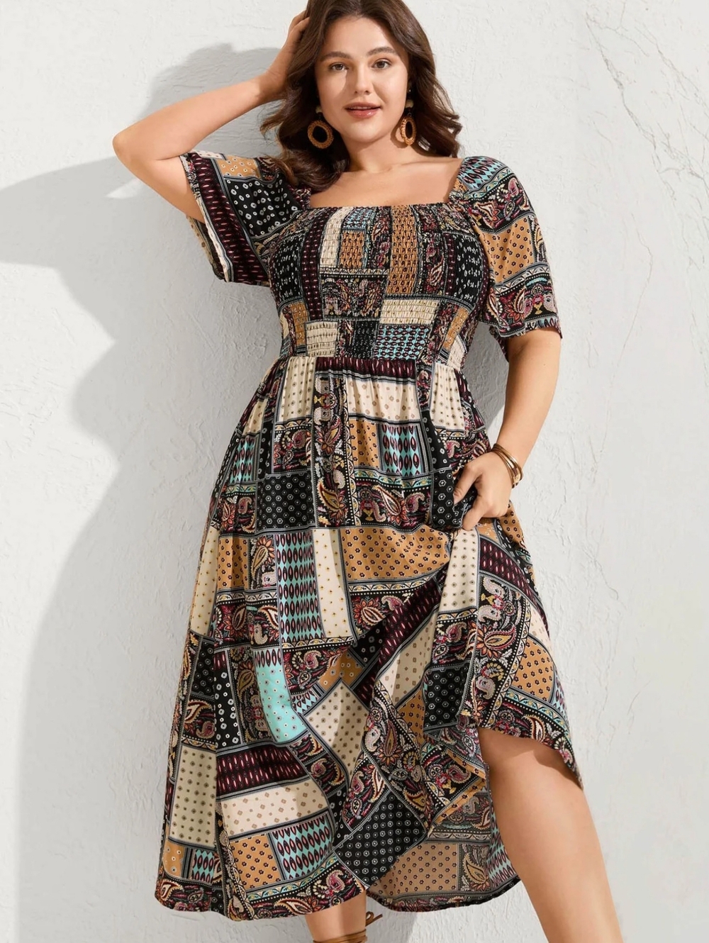 BloomChic Bohemian Patchwork Bell Sleeve Brunch Ladies Day Out Vacation Dress